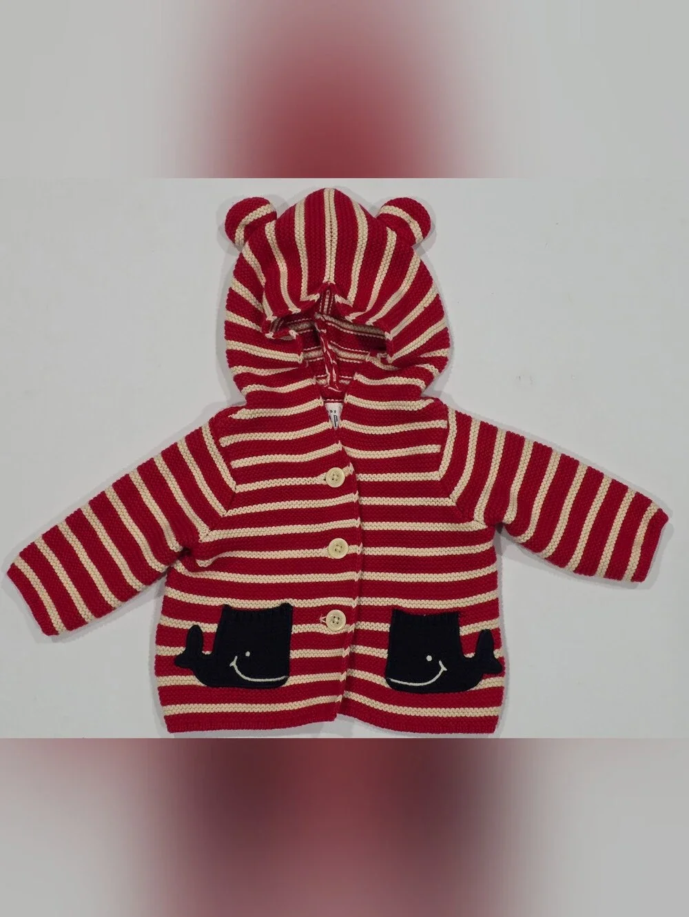 GAP Red and Cream Striped Baby Hooded Cardigan with Whale Pockets 0-3m
